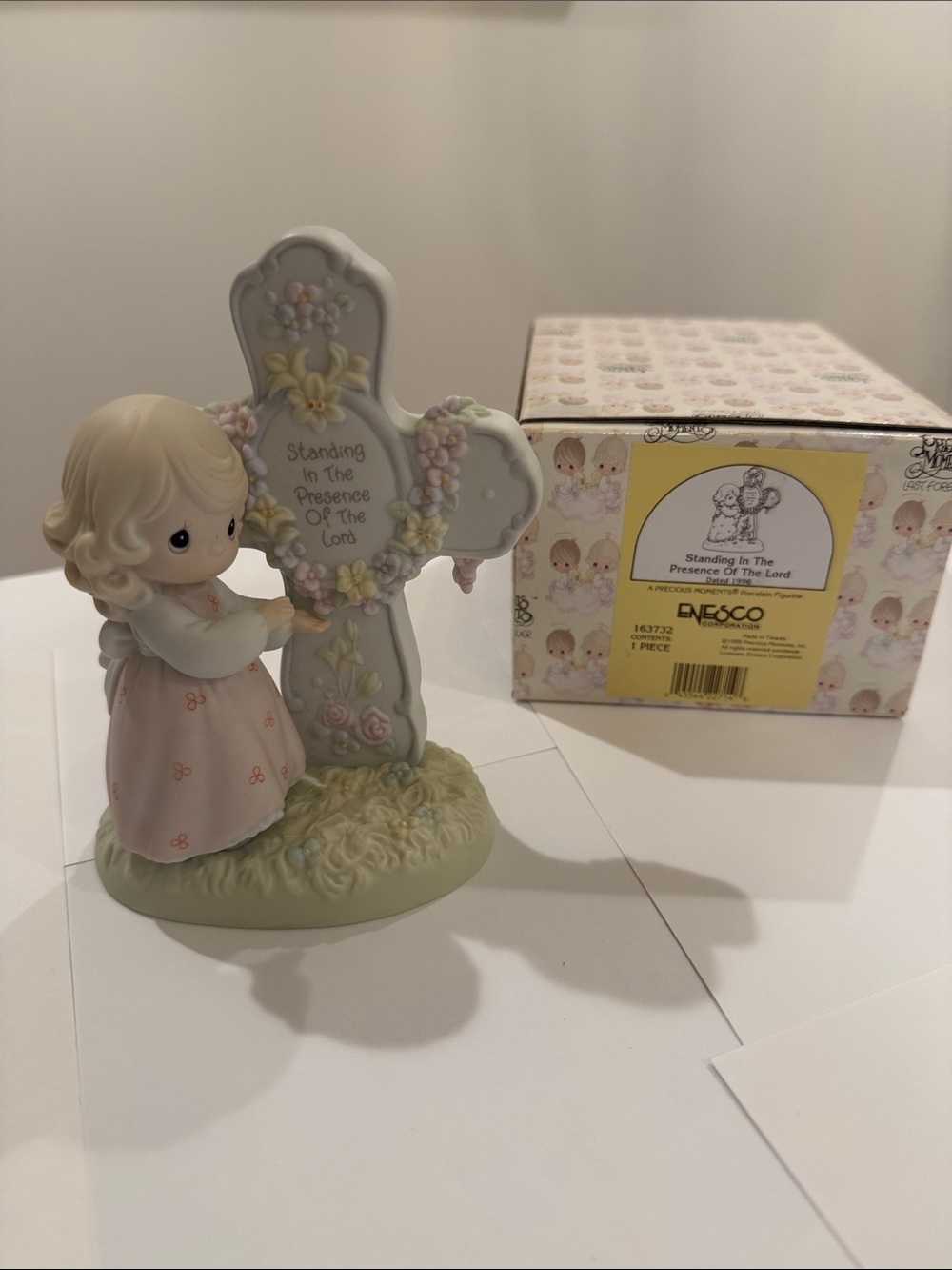 Precious Moments Figurine with Pink Dress and Pastel Cross